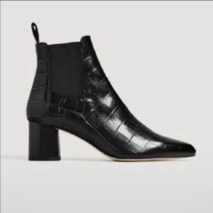 Zara Black Leather Croc Heeled Booties